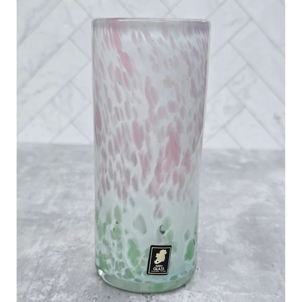 Kerry Glass Handmade Irish Art Glass Cylinder Vase Pink Green Mottled Confetti